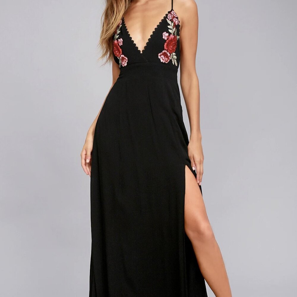 Lulus Favorite Crush Black Embroidered Maxi Dress NWT